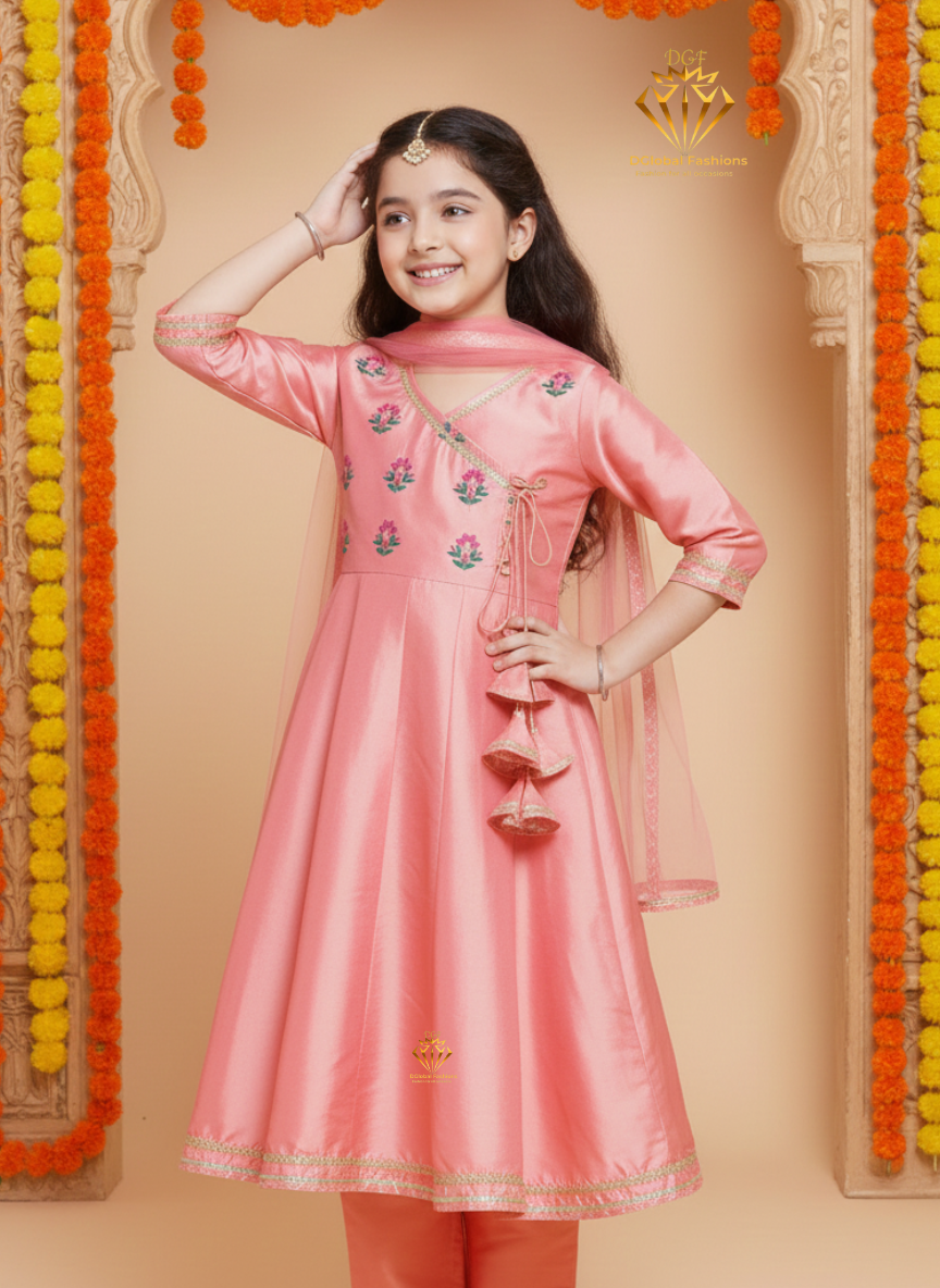 Girls Embroidered Angrakha Kurta with Trousers & Dupatta