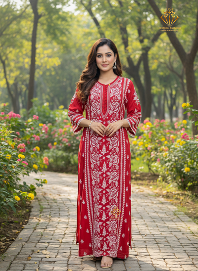 Lucknowi Chikankari Muslin Silk Maharani long Dress with Full Lace Work