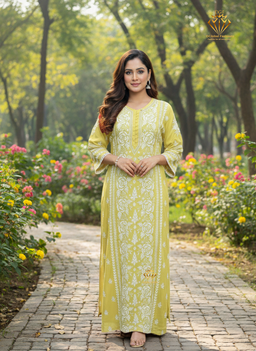 Lucknowi Chikankari Muslin Silk Maharani long Dress with Full Lace Work