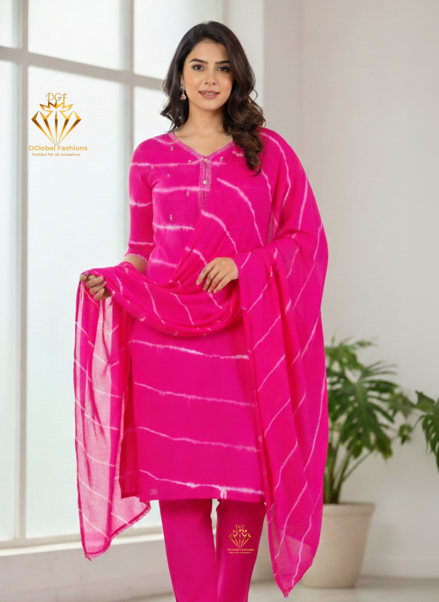 Pure Cotton Leheriya Effect Kurta Pant and Dupatta