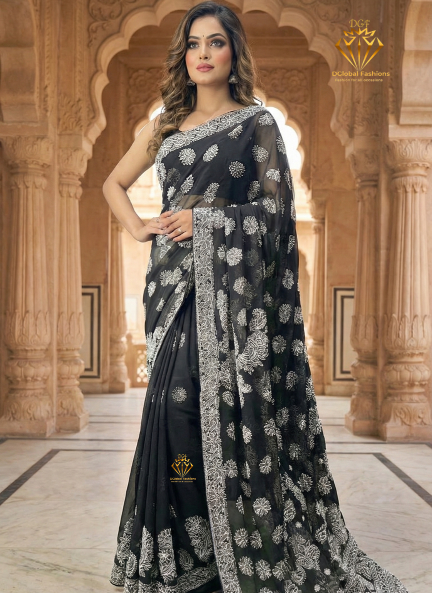 Lucknowi Chikankari Half Jaal Saree with Handwork