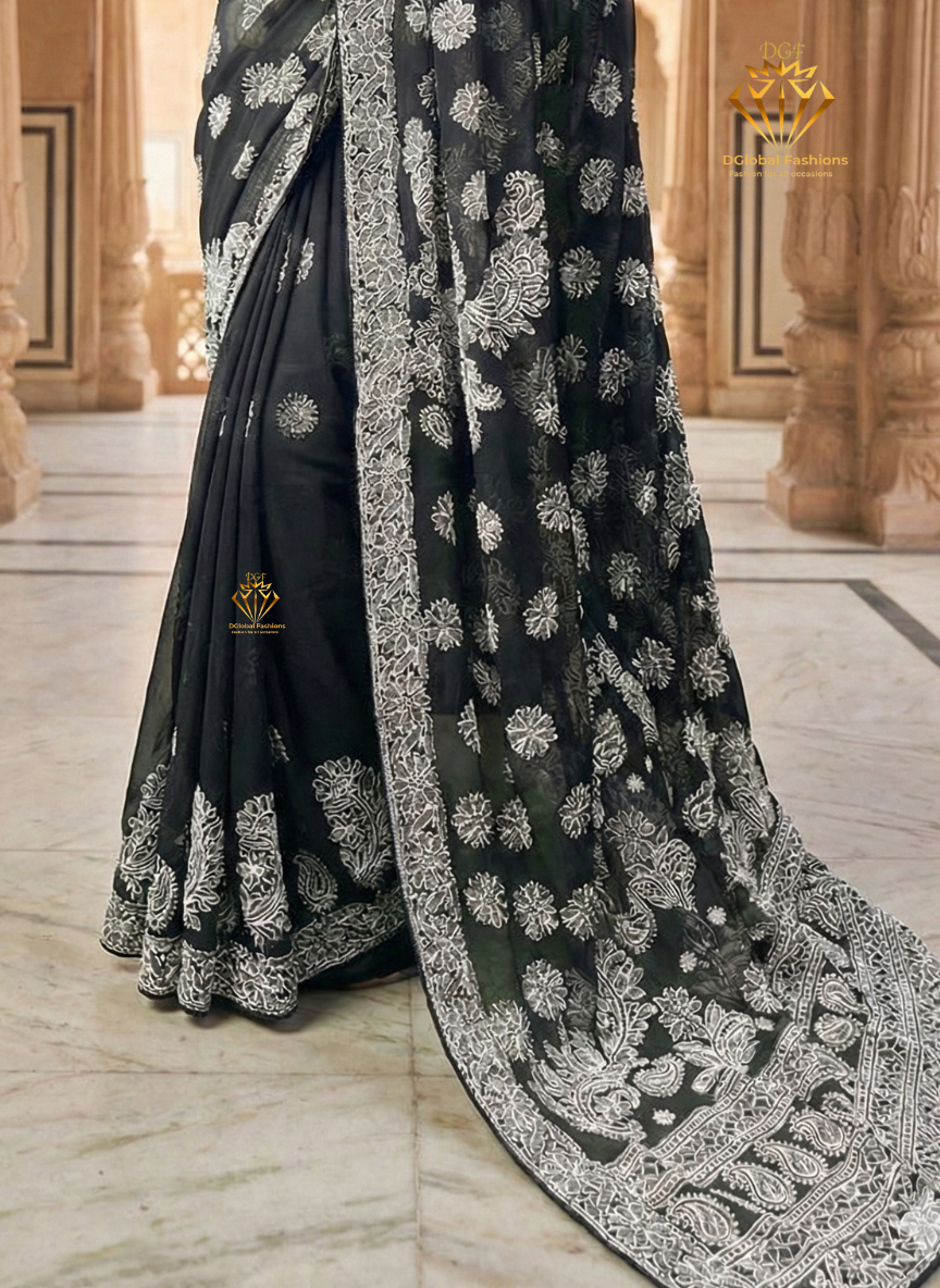 Lucknowi Chikankari Half Jaal Saree with Handwork