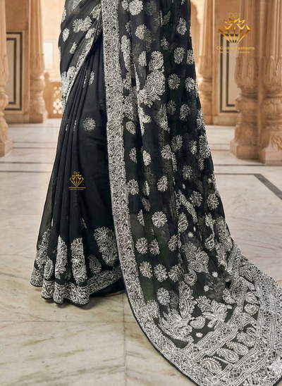Lucknowi Chikankari Half Jaal Saree with Handwork