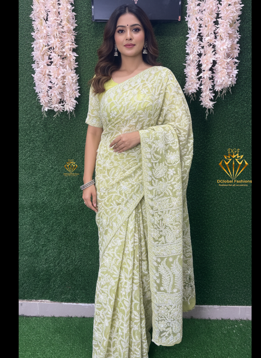 Lucknowi Chikankari Full Jaal Georgette Saree