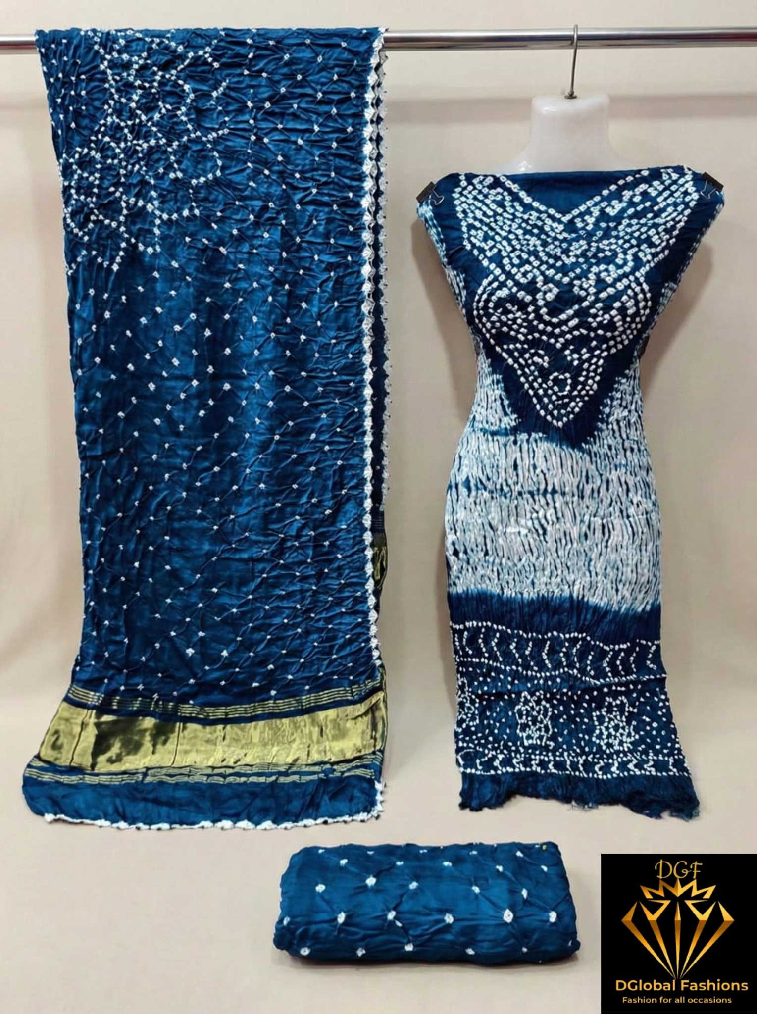 Hand Dyed Shibori & Rai Bandhej Unstitched Suit Set in Modal Silk
