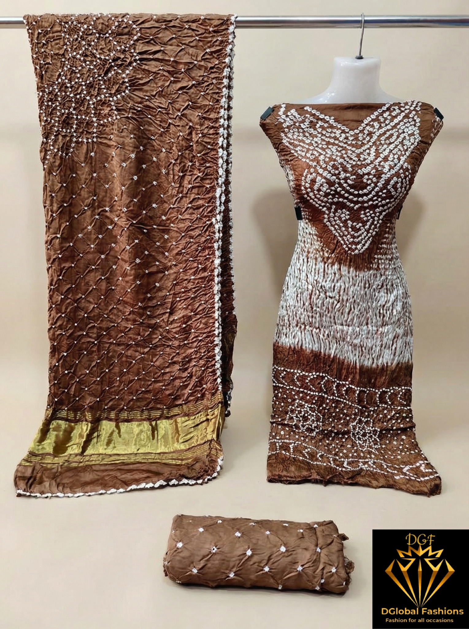 Hand Dyed Shibori & Rai Bandhej Unstitched Suit Set in Modal Silk