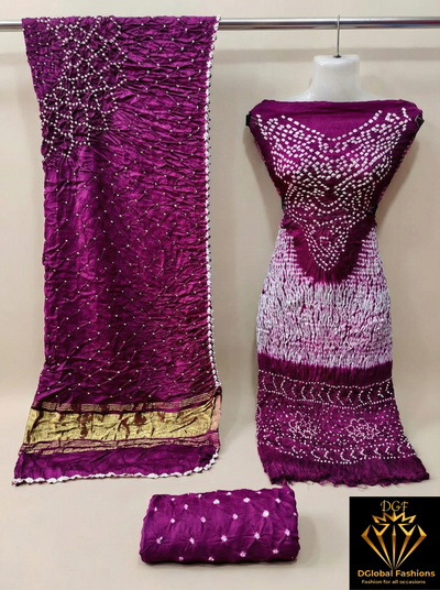 Hand Dyed Shibori & Rai Bandhej Unstitched Suit Set in Modal Silk