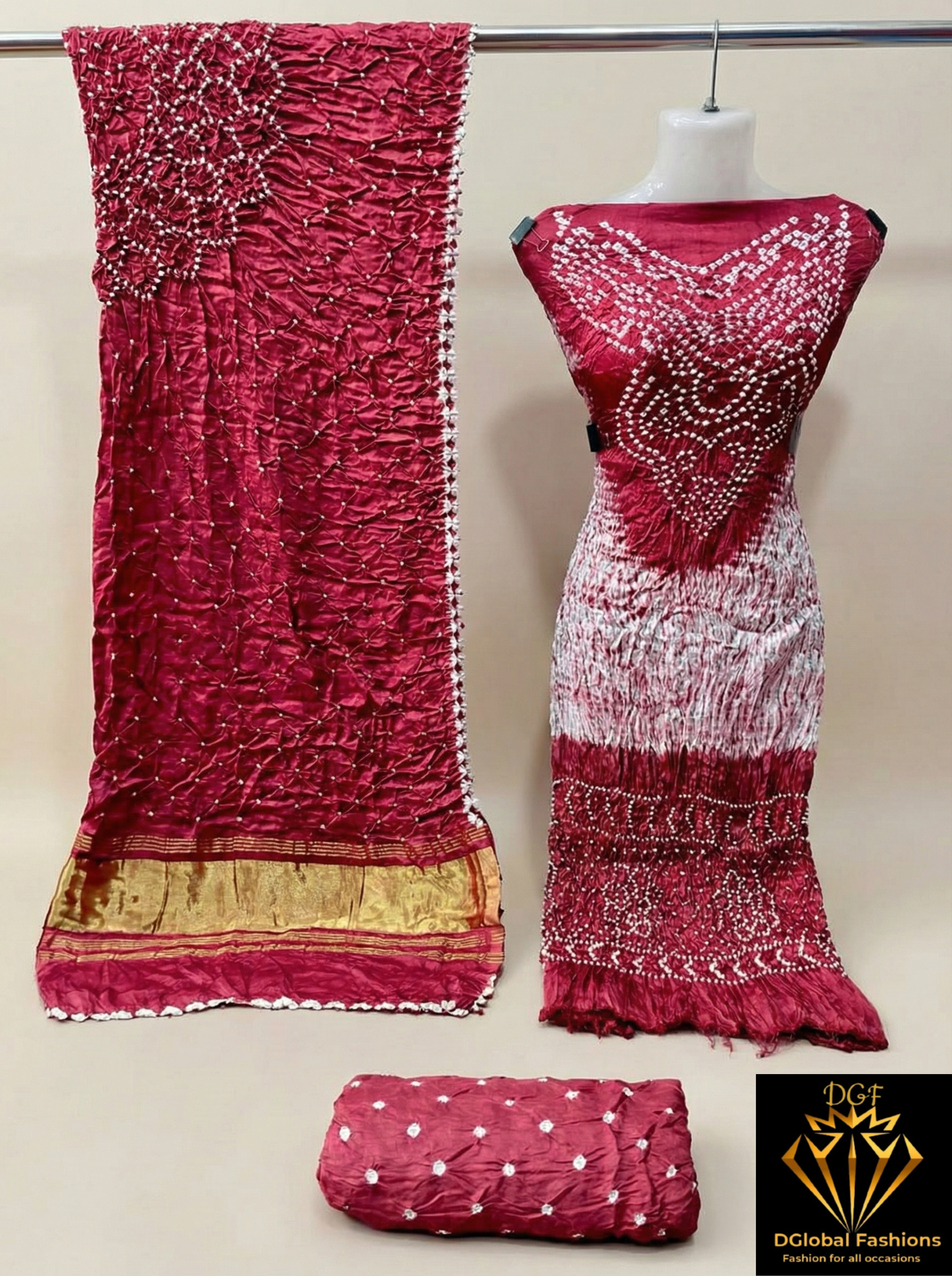 Hand Dyed Shibori & Rai Bandhej Unstitched Suit Set in Modal Silk