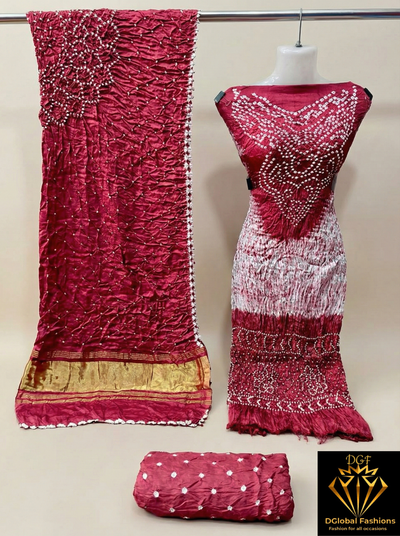 Hand Dyed Shibori & Rai Bandhej Unstitched Suit Set in Modal Silk