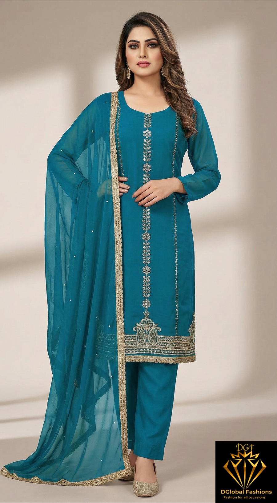 Kurta Pant Suit Set with Cutdana, Pearl & Real Mirror Embroidery