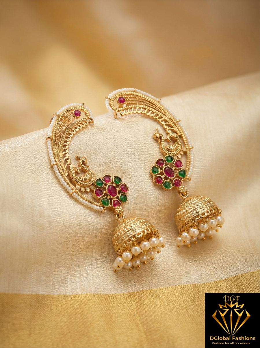Peacock Pearl Jhumka Earrings with Kundan Stone Detailing