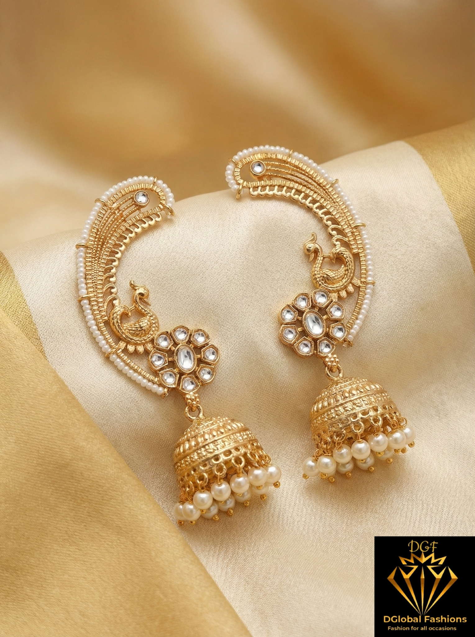 Peacock Pearl Jhumka Earrings with Kundan Stone Detailing