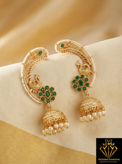 Peacock Pearl Jhumka Earrings with Kundan Stone Detailing