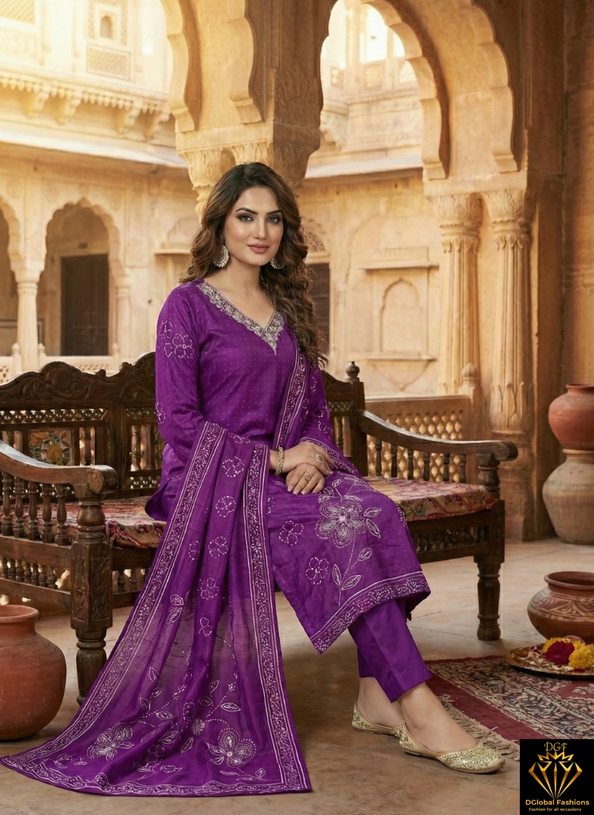 Bandhani Printed Crepe Kurta Set with Hand-Embroidered