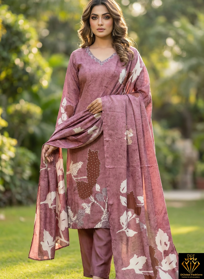 Brown Digital Printed Crepe Suit Set with Elegant Handwork