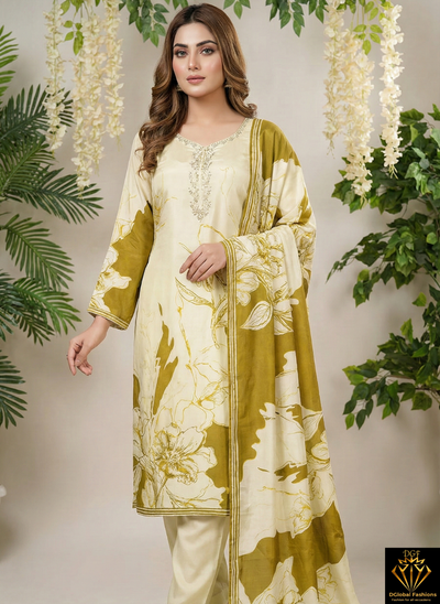Party Wear Crepe Suit Set with Cutdana & Pearl Hand Embroidery on Neckline
