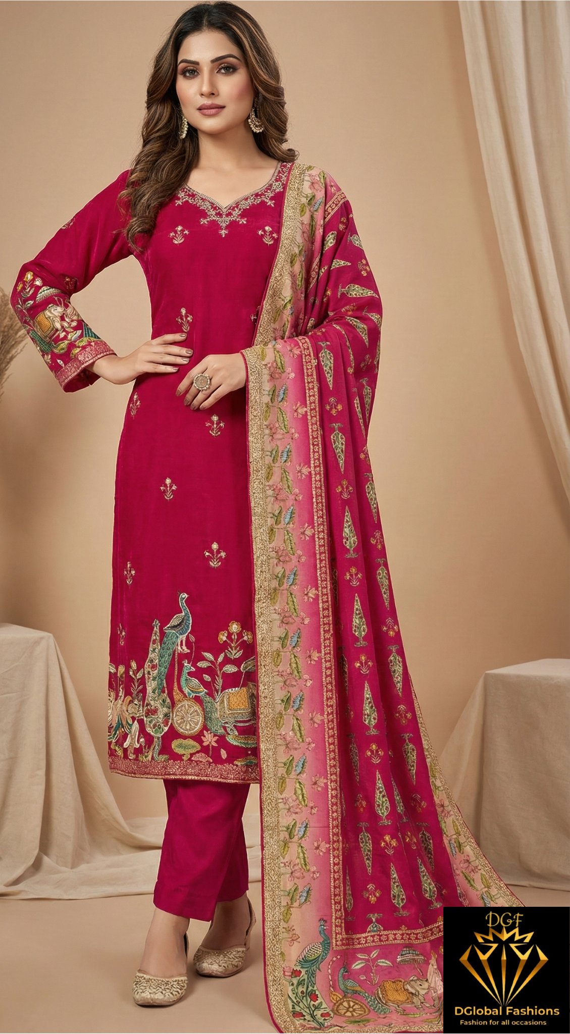 Crepe Kurti Suit Set with Handwork & Traditional Digital Print Dupatta