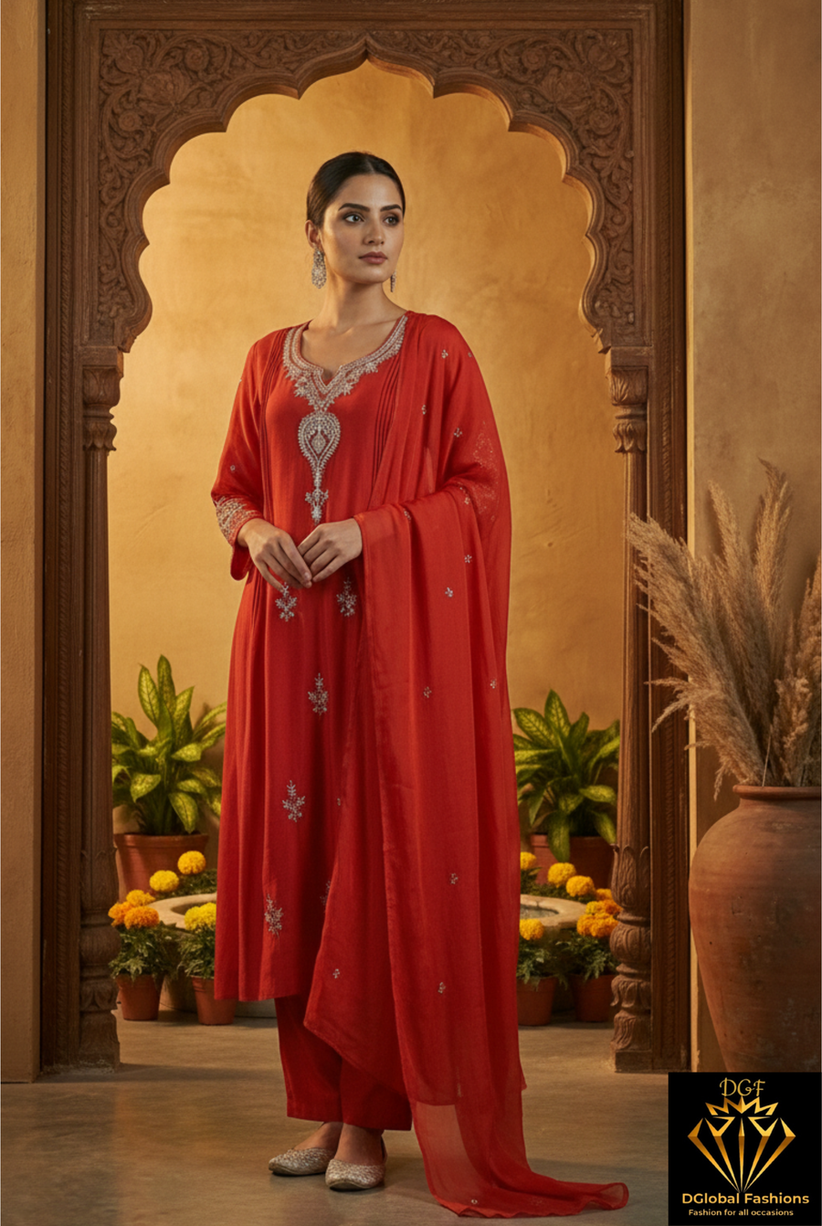 Mul Chanderi Hand-Embroidered A-Line Kurta Set with Pant & Dupatta