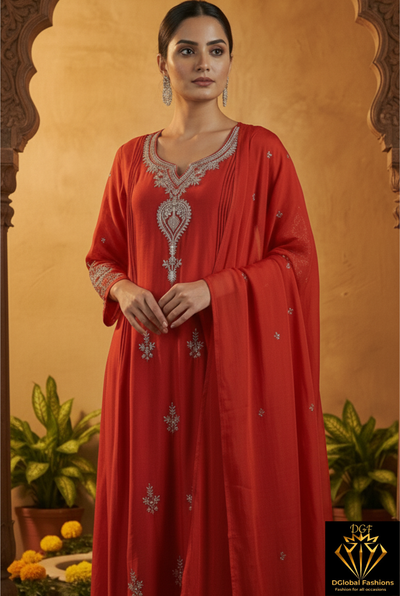 Mul Chanderi Hand-Embroidered A-Line Kurta Set with Pant & Dupatta