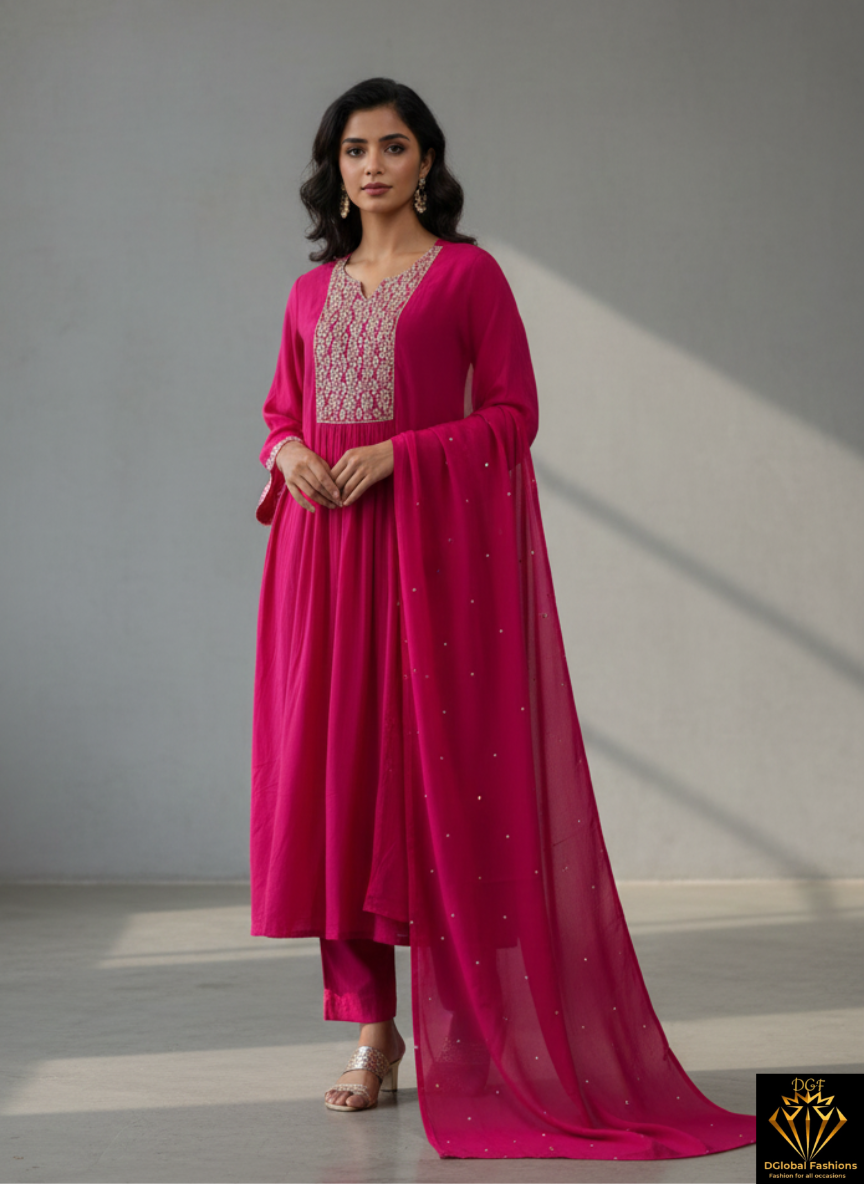 A-Line Kurta Set with Pant & Dupatta Featuring Cutdana and Sequin Hand Embroidery