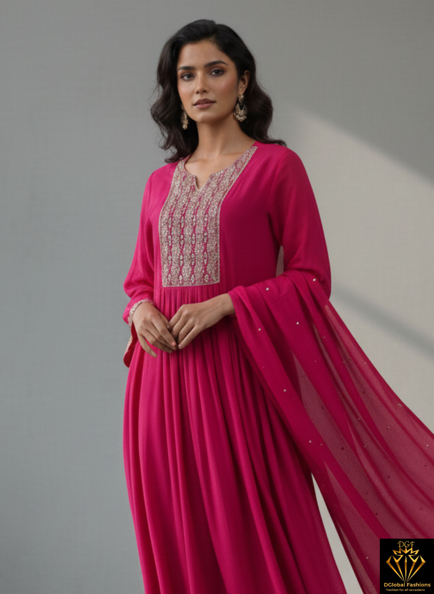 A-Line Kurta Set with Pant & Dupatta Featuring Cutdana and Sequin Hand Embroidery