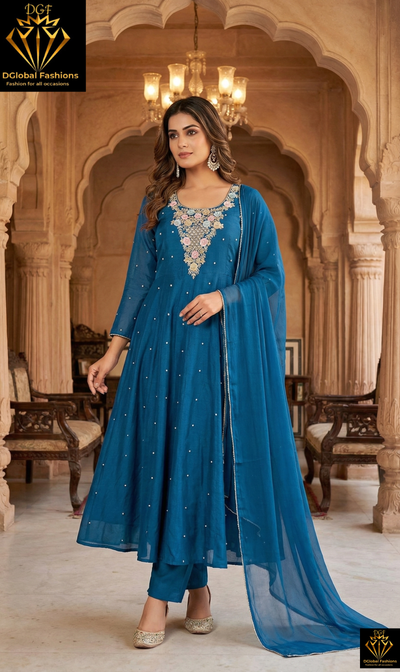 Chinnon Hand-Embroidery Anarkali Suit with Cutdana, Pearl & Sequin Work