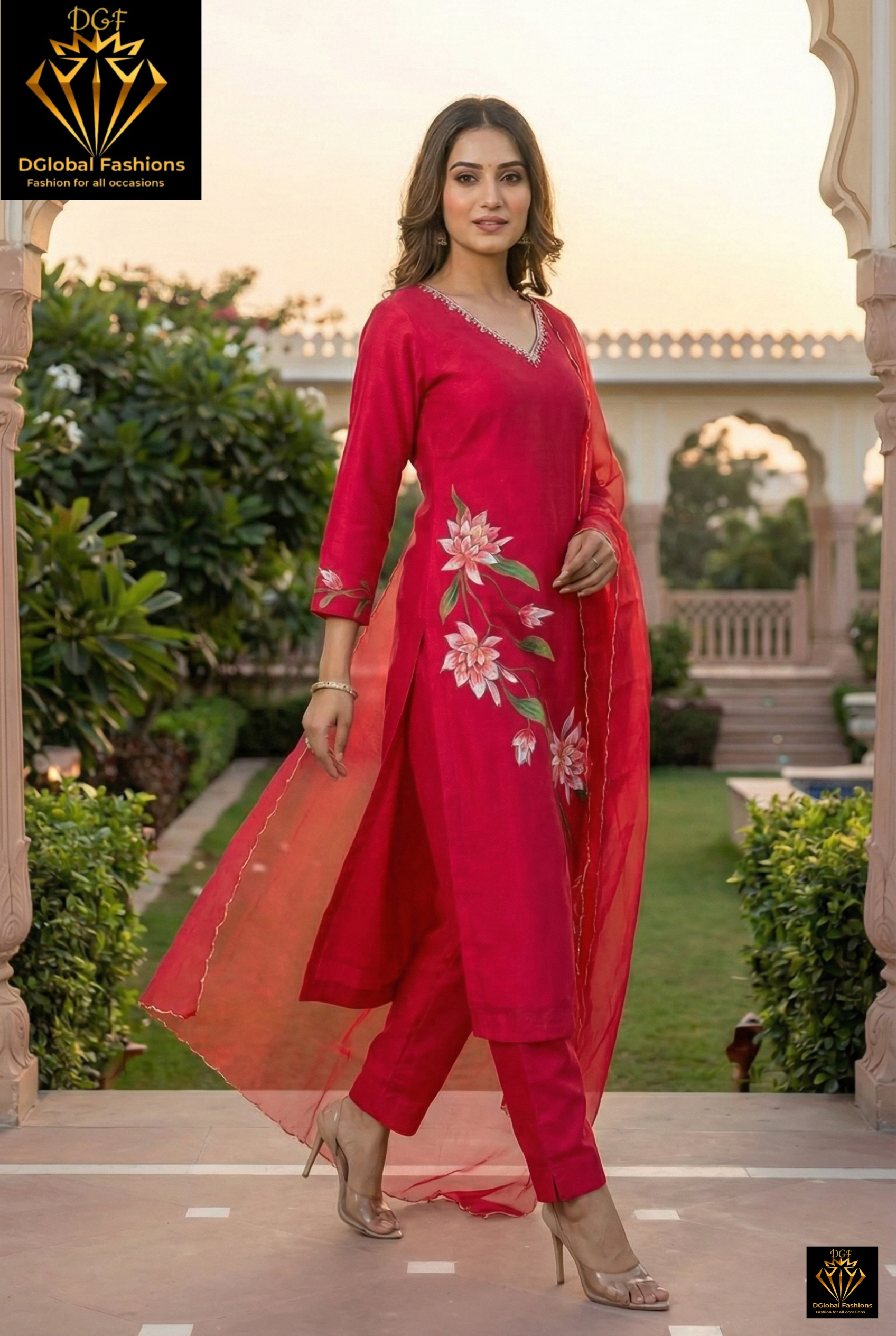 Hand Printed Silk Kurta with Cutdana, Sequin, Pearl & Thread Work