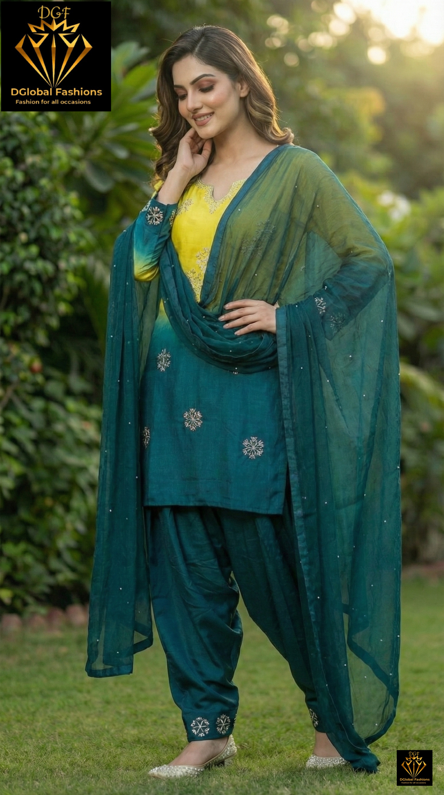 Yellow & Teal Blue Ombre Farshi Suit Set with Cutdana & Pearl Hand Embroidery and Chiffon Dupatta