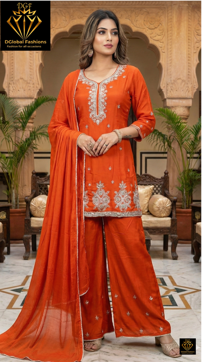 Hand-Embroidered Chinon Kurta Pant Set with Sequin, Pearl & Cutdana Work and Chiffon Dupatta