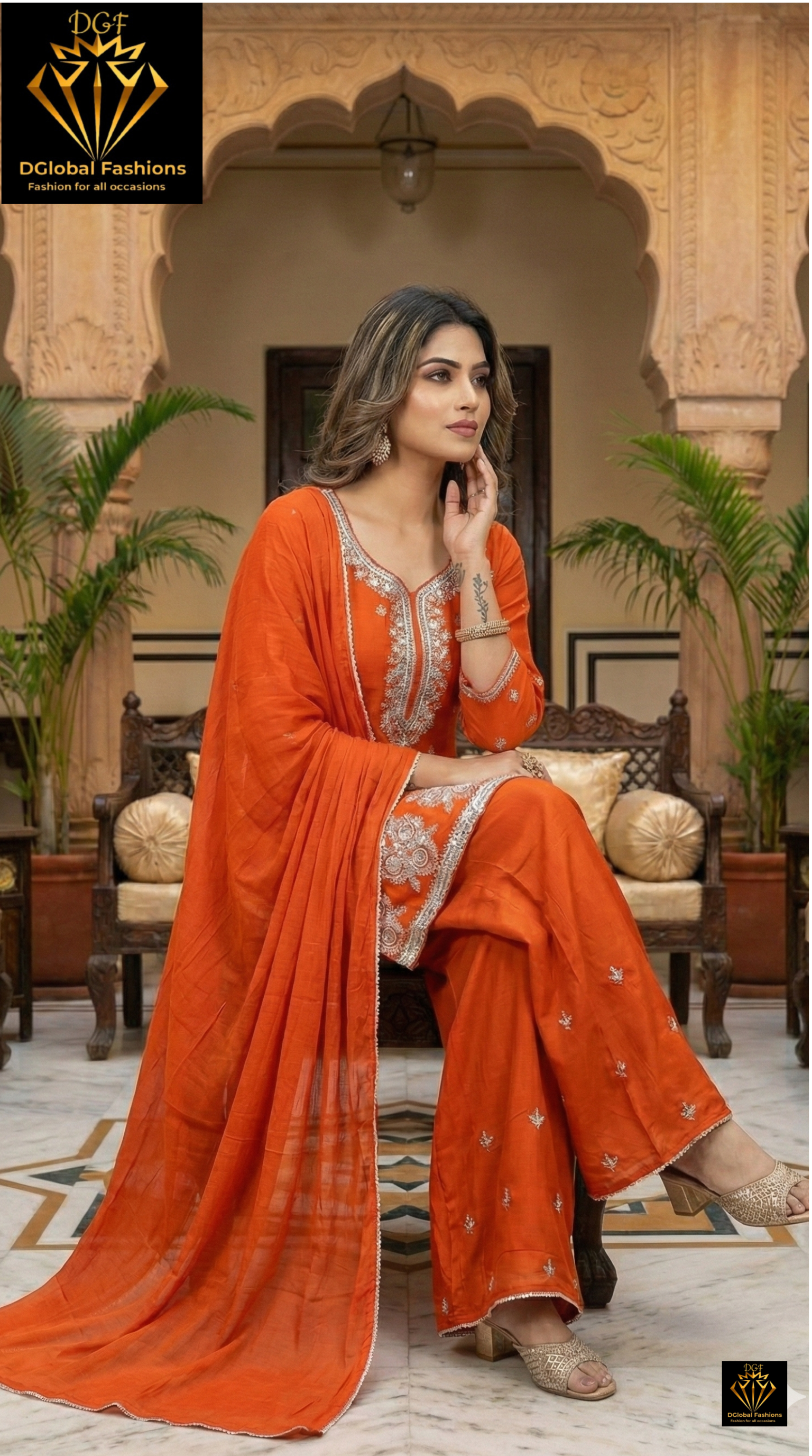 Hand-Embroidered Chinon Kurta Pant Set with Sequin, Pearl & Cutdana Work and Chiffon Dupatta