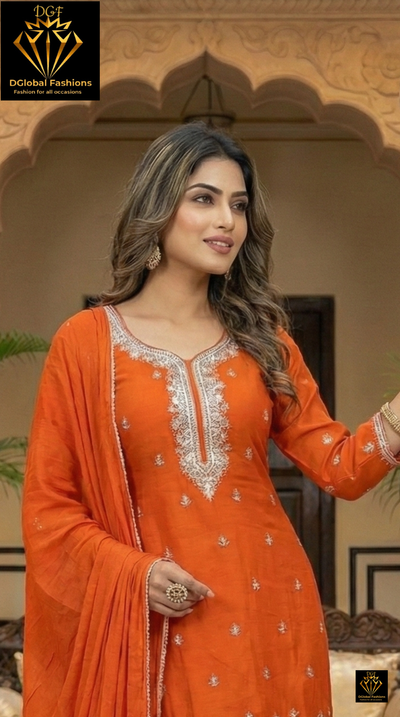 Hand-Embroidered Chinon Kurta Pant Set with Sequin, Pearl & Cutdana Work and Chiffon Dupatta