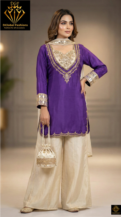 Purple & Gold Natural Crepe Suit Set with Hand Mirror Embroidery, Tissue Shimmer Palazzo, Choker Dupatta & Potli Bag