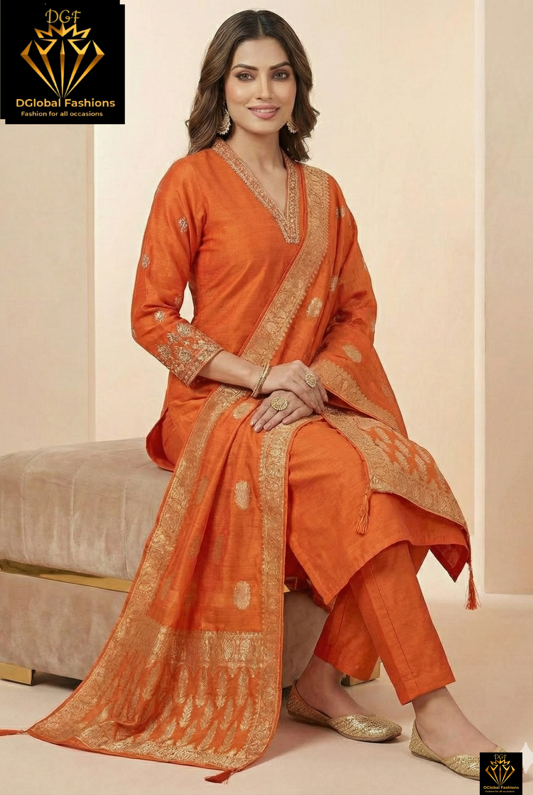 Hand-Embroidered Silk Suit Set with Pearl, Sequin & Cutdana Work and Banarasi Dupatta