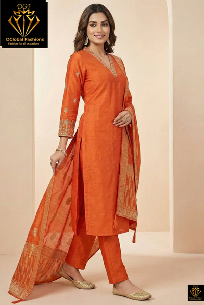 Hand-Embroidered Silk Suit Set with Pearl, Sequin & Cutdana Work and Banarasi Dupatta