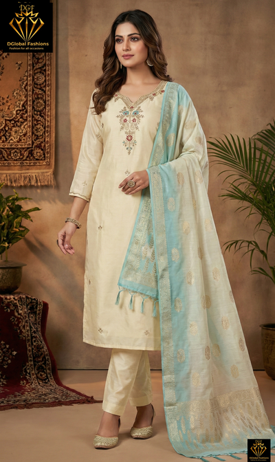 Silk Suit Set with Banarasi Dupatta & Kasab, Cutdana, Sequin, Pearl Work