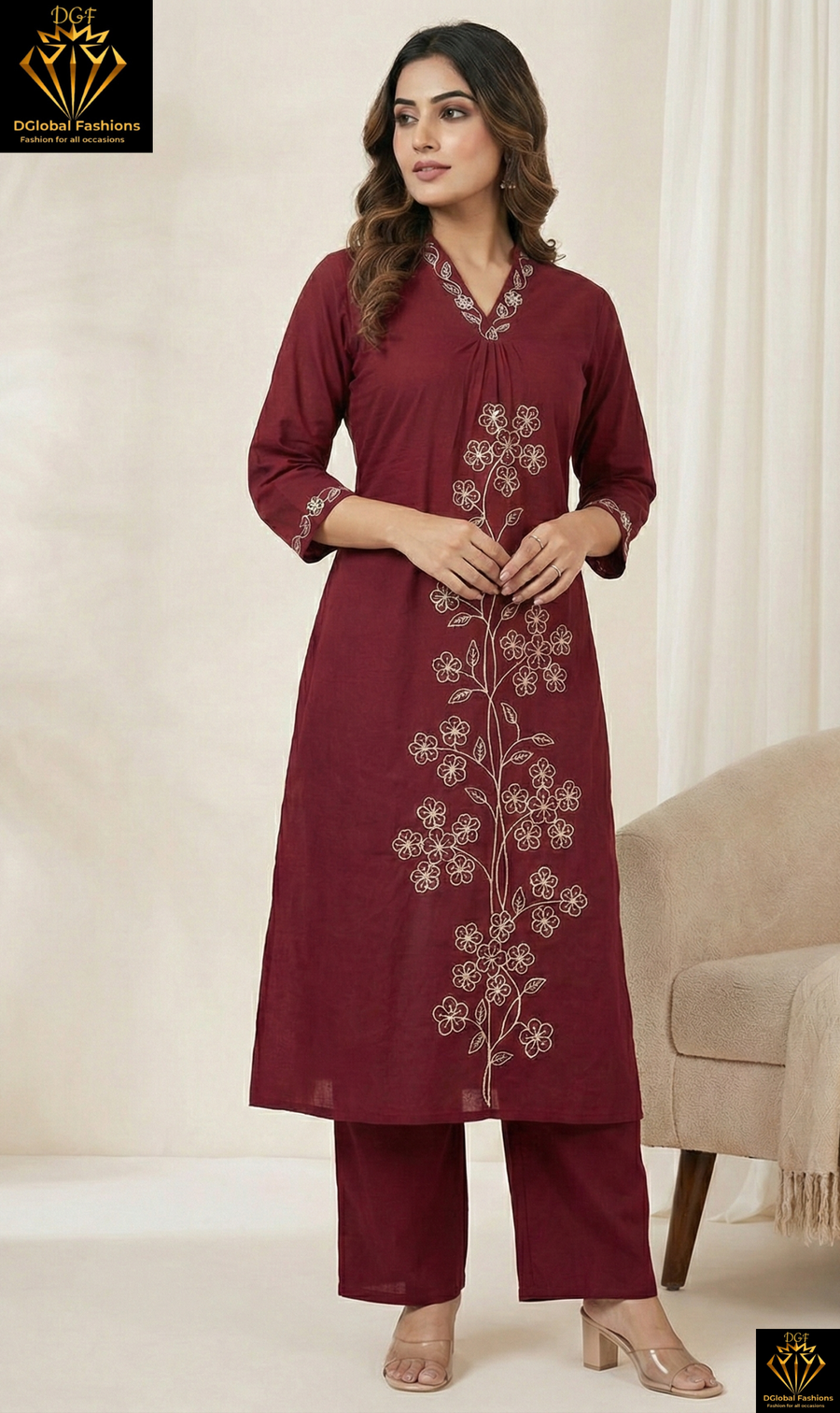Cotton A-Line Kurti Set with Golden Embroidery & Matching Palazzo