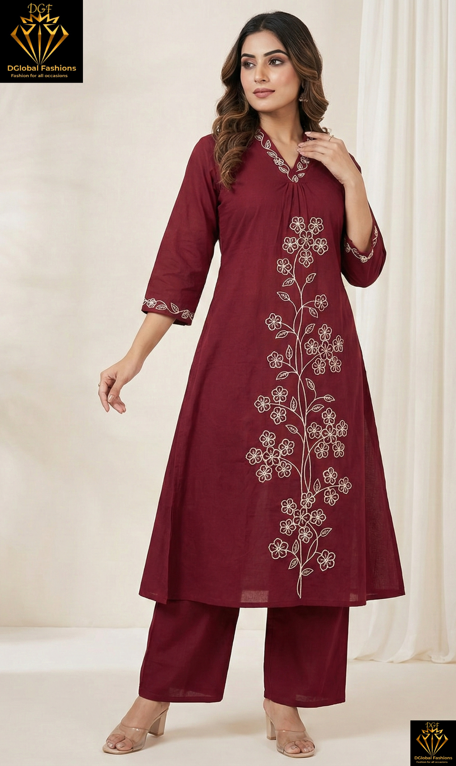Cotton A-Line Kurti Set with Golden Embroidery & Matching Palazzo