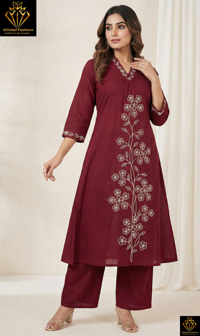 Cotton A-Line Kurti Set with Golden Embroidery & Matching Palazzo