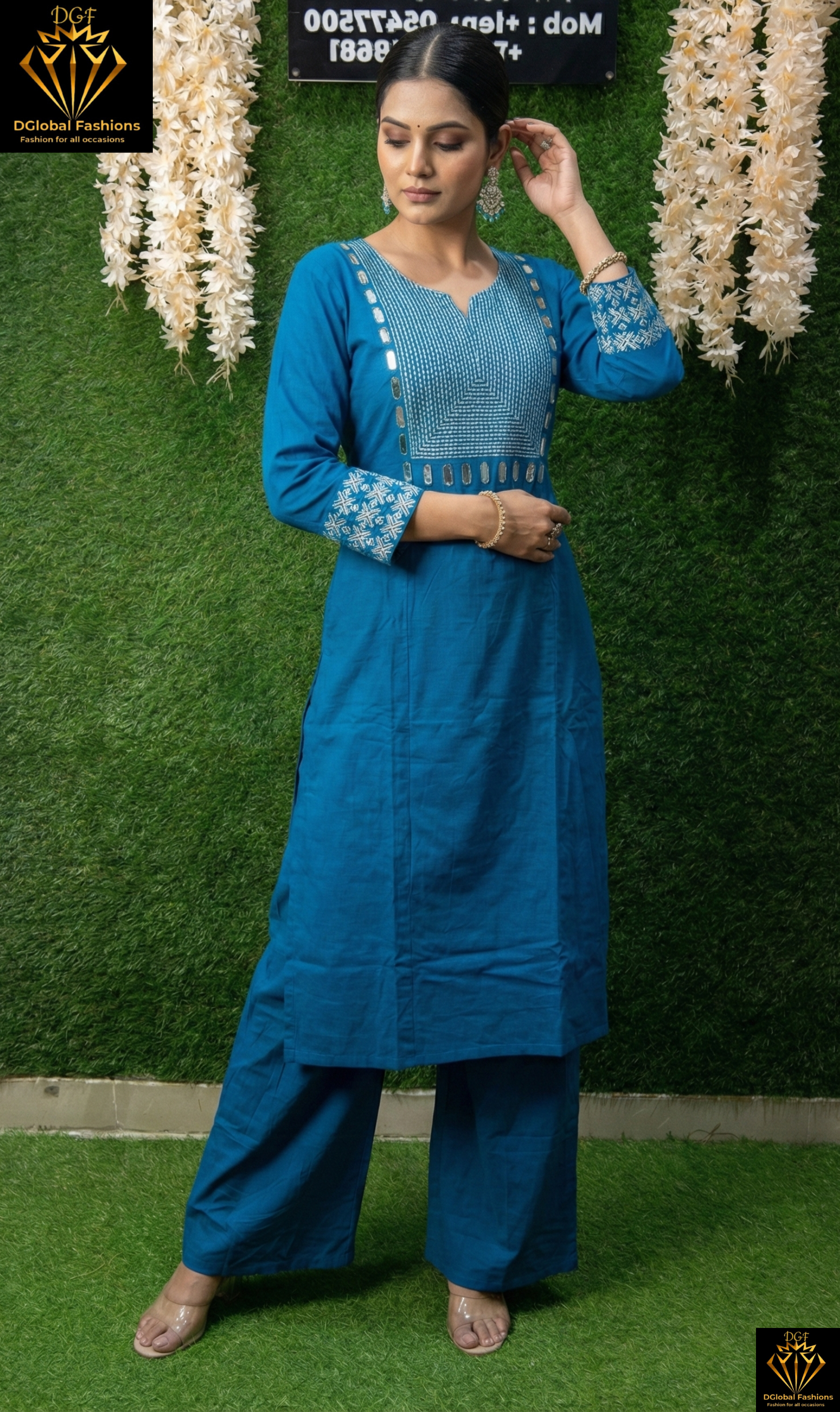Cotton Kurta Pant Set with White Thread Embroidery, Sequin & Mirror Work