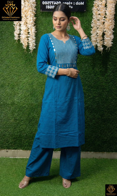 Cotton Kurta Pant Set with White Thread Embroidery, Sequin & Mirror Work