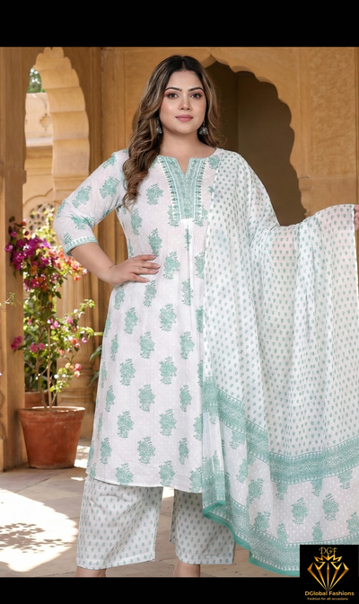 Cotton A-Line Kurti Pant & Dupatta Set with Handwork Neck Detailing