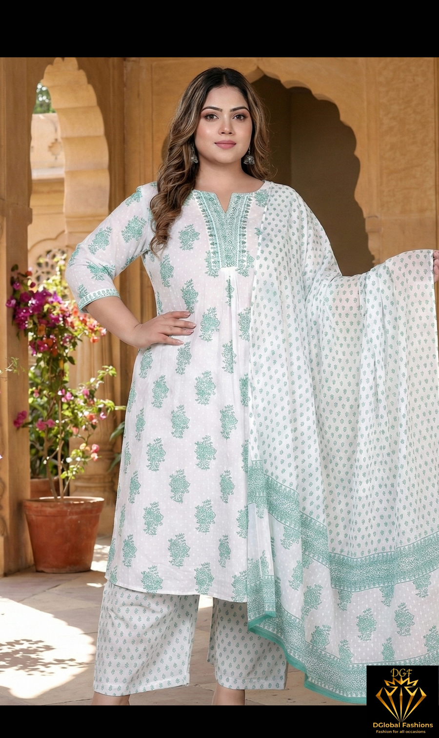 Cotton A-Line Kurti Pant & Dupatta Set with Handwork Neck Detailing
