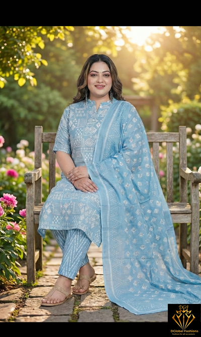 Cotton A-Line Princess Cut Kurti Pant & Dupatta Set