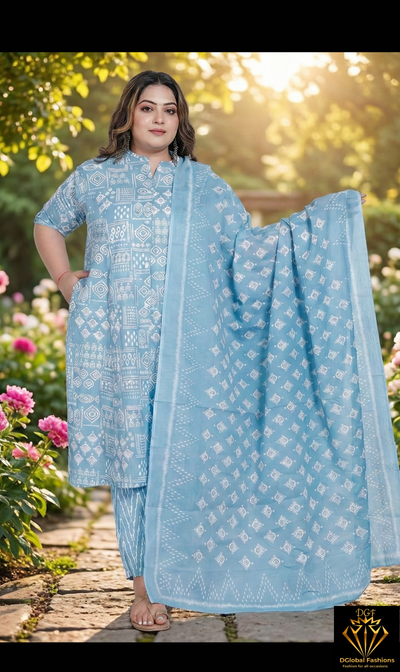 Cotton A-Line Princess Cut Kurti Pant & Dupatta Set
