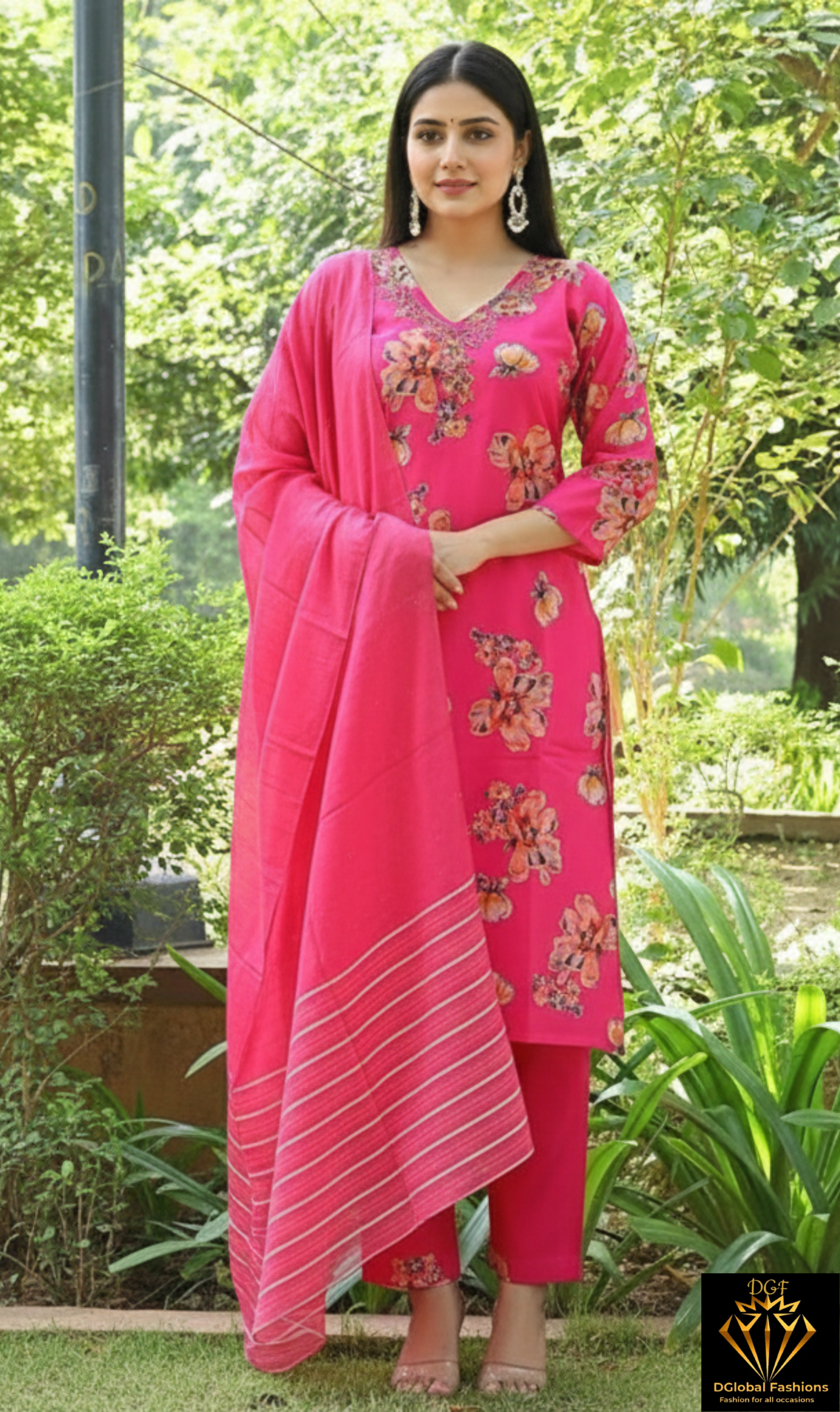 Muslin Kurti Pant Dupatta Set with Hand-Embroidered Neckline