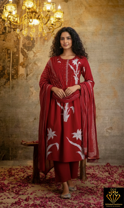 A-Line Kurti Pant & Dupatta Set with Handwork and Floral Print