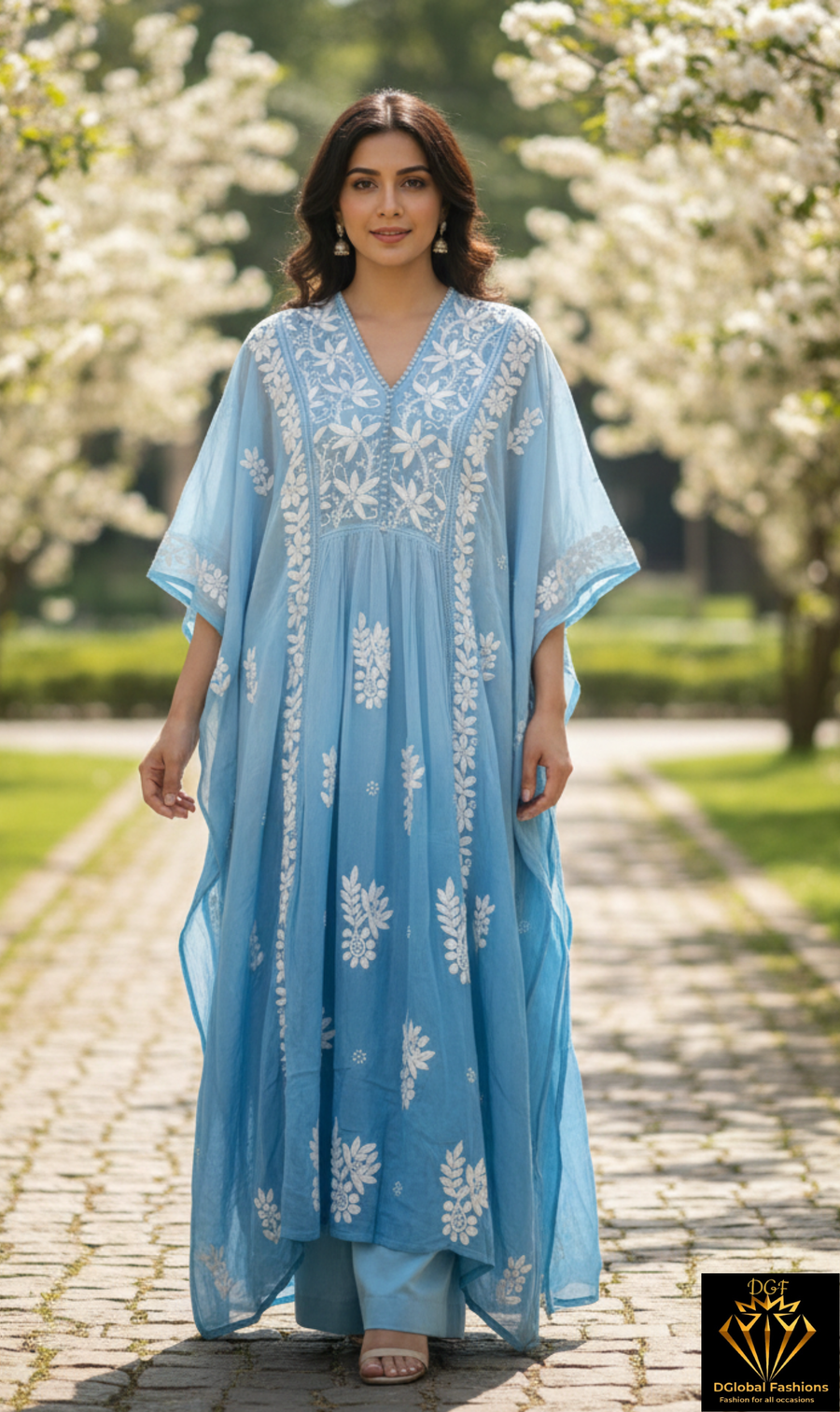 Lucknowi Chikankari Kaftan in Viscose Crepe (Unstitched)