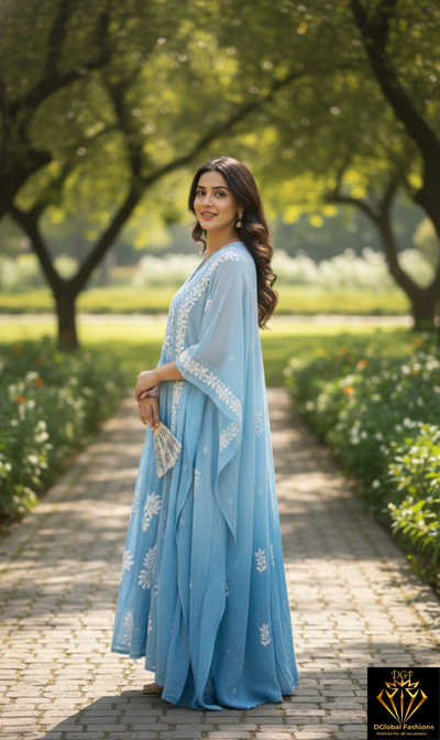 Lucknowi Chikankari Kaftan in Viscose Crepe (Unstitched)
