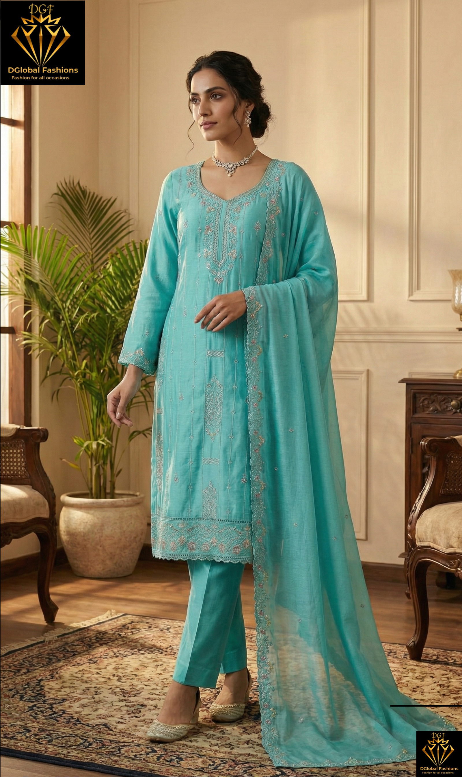 Cotton Kurta Pant Set with Stone & Resham Embroidery