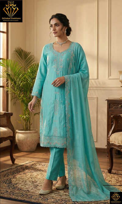 Cotton Kurta Pant Set with Stone & Resham Embroidery